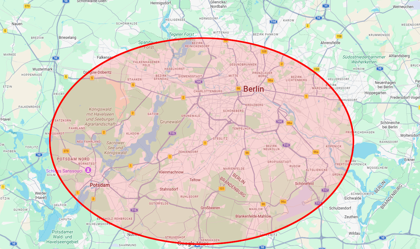Rot markiertes Einsatzgebiet von PP Dienstleistungen in Berlin, Potsdam und Brandenburg